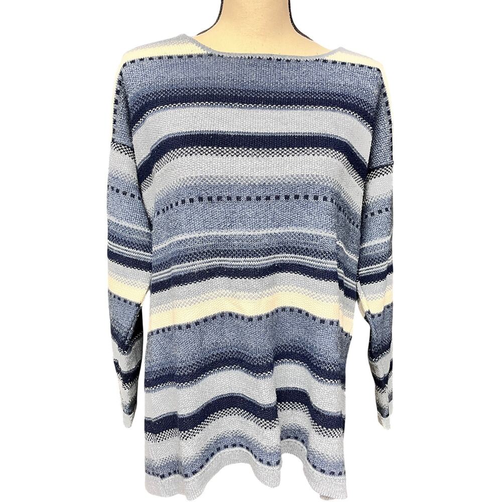 vintage women's 90s 3XL striped blue white knit sweater boat neck tunic length